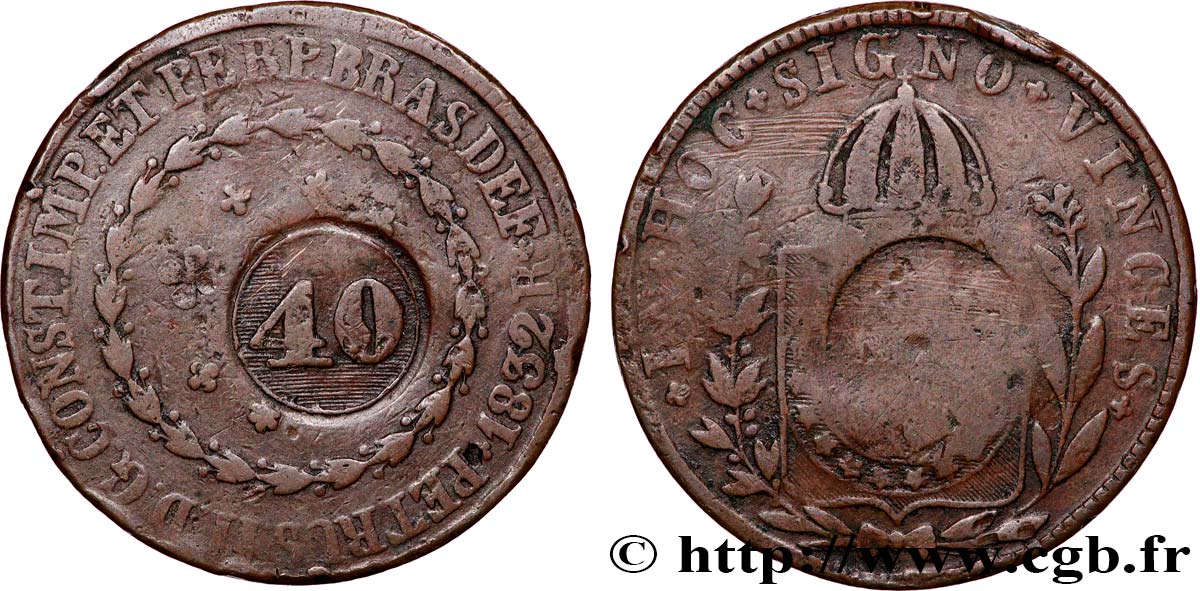 BRÉSIL - EMPIRE DU BRÉSIL - PIERRE II 40 Réis contremarqué sur une 80 Réis de 1832 1835 Rio de Janeiro VF 