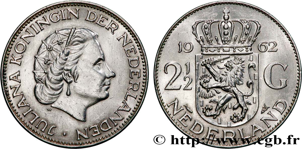 NETHERLANDS 2 1/2 Gulden Juliana 1962 Utrecht AU 