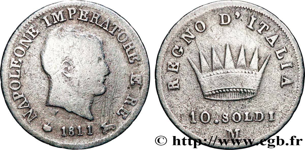 ITALIA - REGNO D ITALIA - NAPOLEONE I 10 Soldi Napoléon Empereur et Roi d’Italie 1811 Milan - M MB 