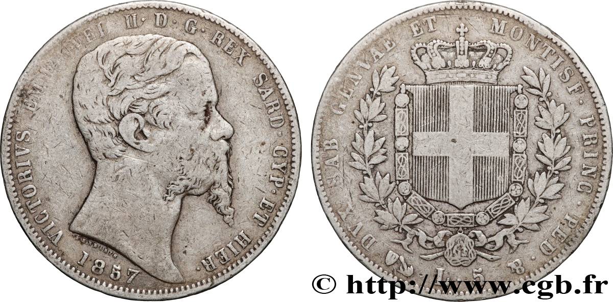 ITALIE - ROYAUME DE SARDAIGNE - VICTOR-EMMANUEL II 5 Lire  1857 Gênes TB+ 