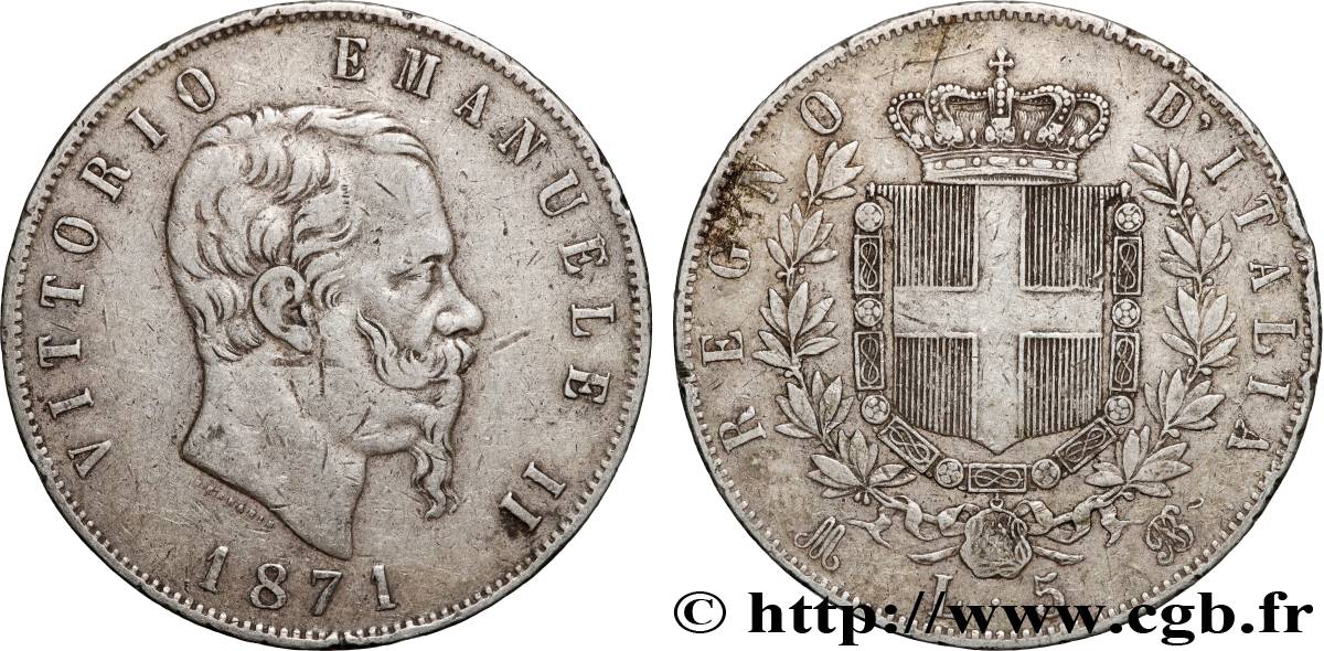 ITALIE 5 Lire Victor Emmanuel II 1871 Milan TB+ 