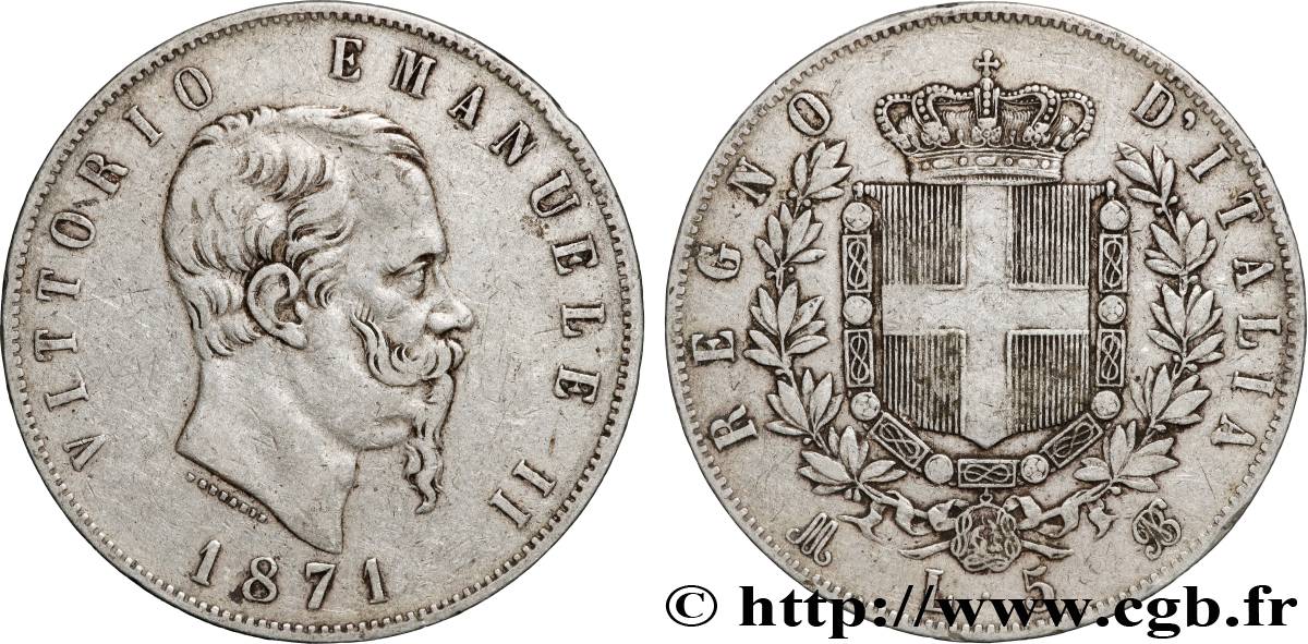 ITALIE 5 Lire Victor Emmanuel II 1871 Milan TB+ 