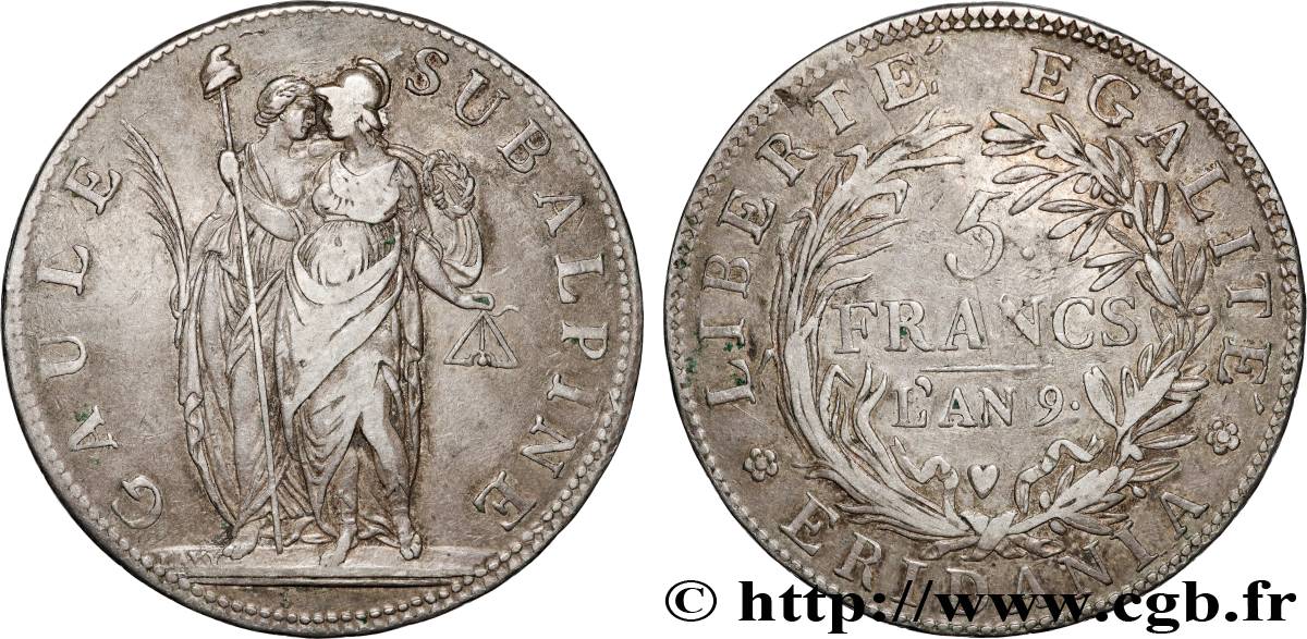 ITALY - SUBALPINE GAUL 5 Francs an 9 1801 Turin VF 