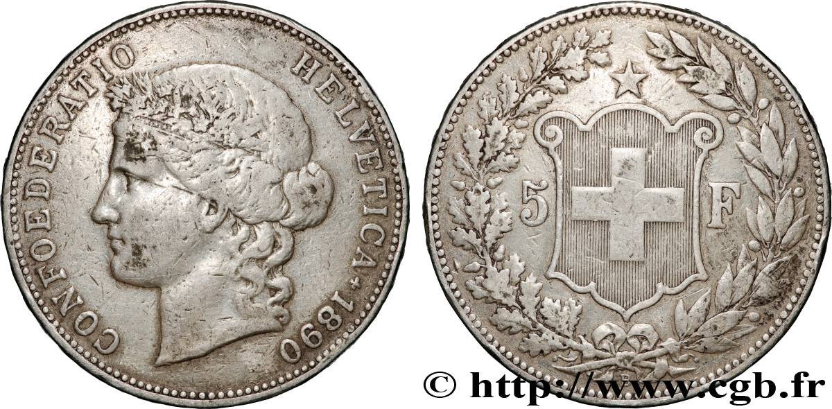 SUISSE 5 Francs Helvetia 1890 Berne TB 