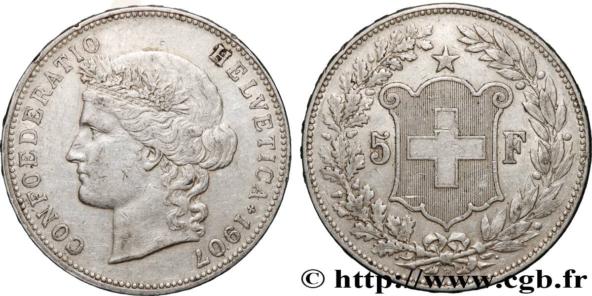 SUISSE 5 Francs Helvetia 1907 Berne TB+ 