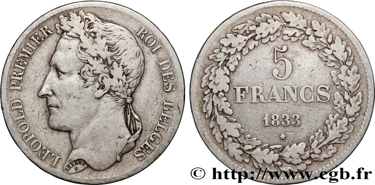 BELGIQUE 5 Francs Léopold Ier 1833  TB+ 