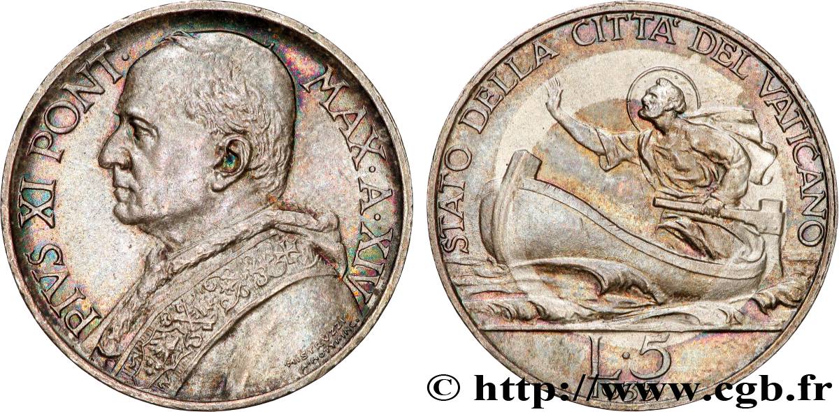 VATICAN AND PAPAL STATES 5 Lire Pie XI Saint Pierre sur une barque 1935  AU 