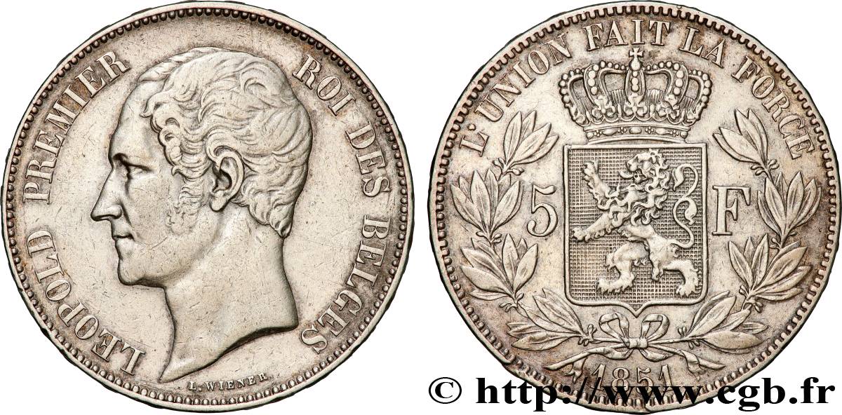 BELGIQUE 5 Francs Léopold Ier tête nue 1851  TTB 