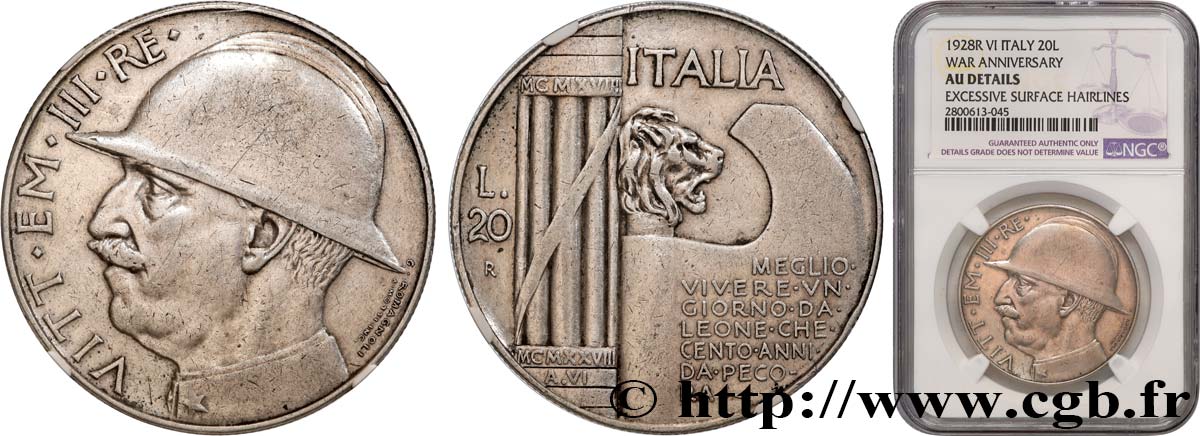 ITALIA - REINO DE ITALIA - VÍCTOR-MANUEL III 20 Lire, 10e anniversaire de la fin de la Première Guerre mondiale 1928 Rome EBC NGC