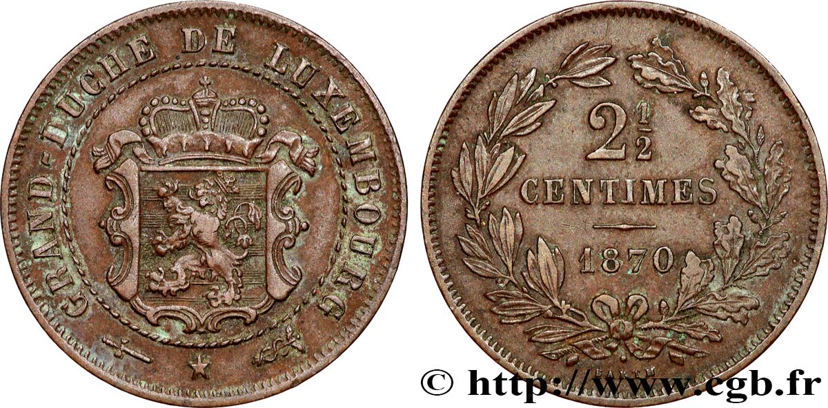 LUXEMBOURG 2 1/2 Centimes écu couronné 1870 Utrecht XF 