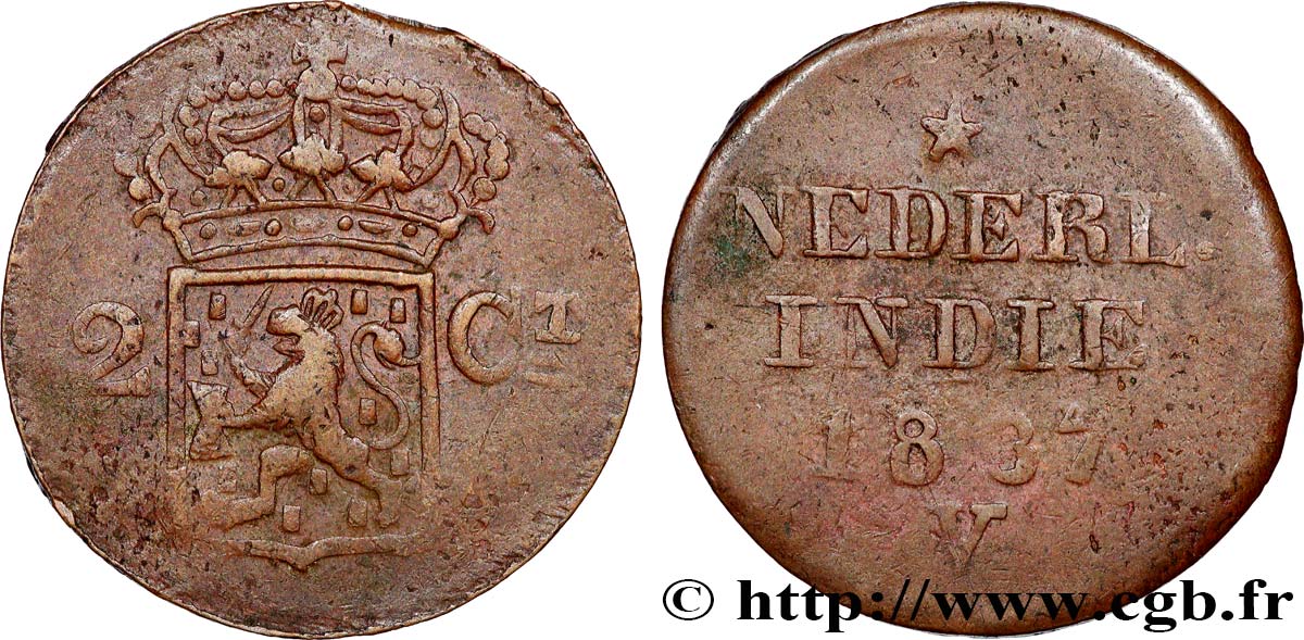 INDIAS NEERLANDESAS 2 Cents (Double Duit) aux armes d’Utrecht pour Sumatra 1837  BC 