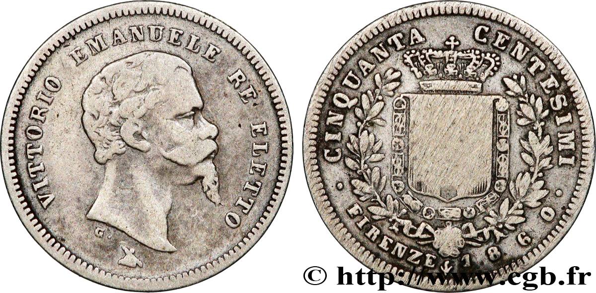 ITALY 50 Centesimi Victor Emmanuel II Roi élu 1860 Florence VF 