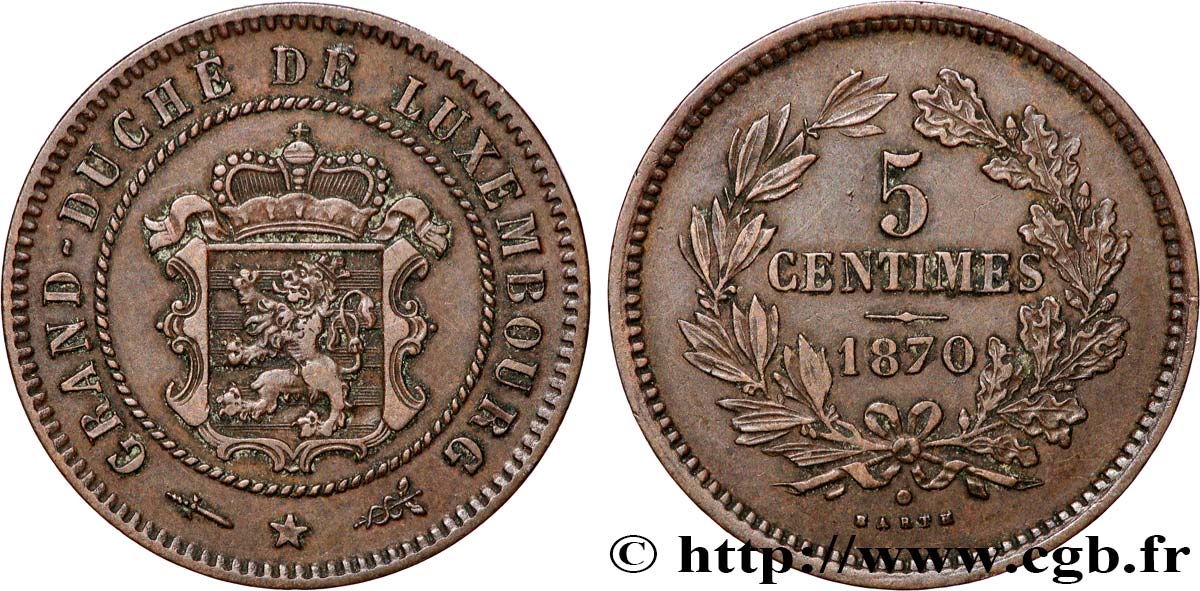 LUXEMBOURG 5 Centimes écu couronné 1870 Utrecht TTB+ 