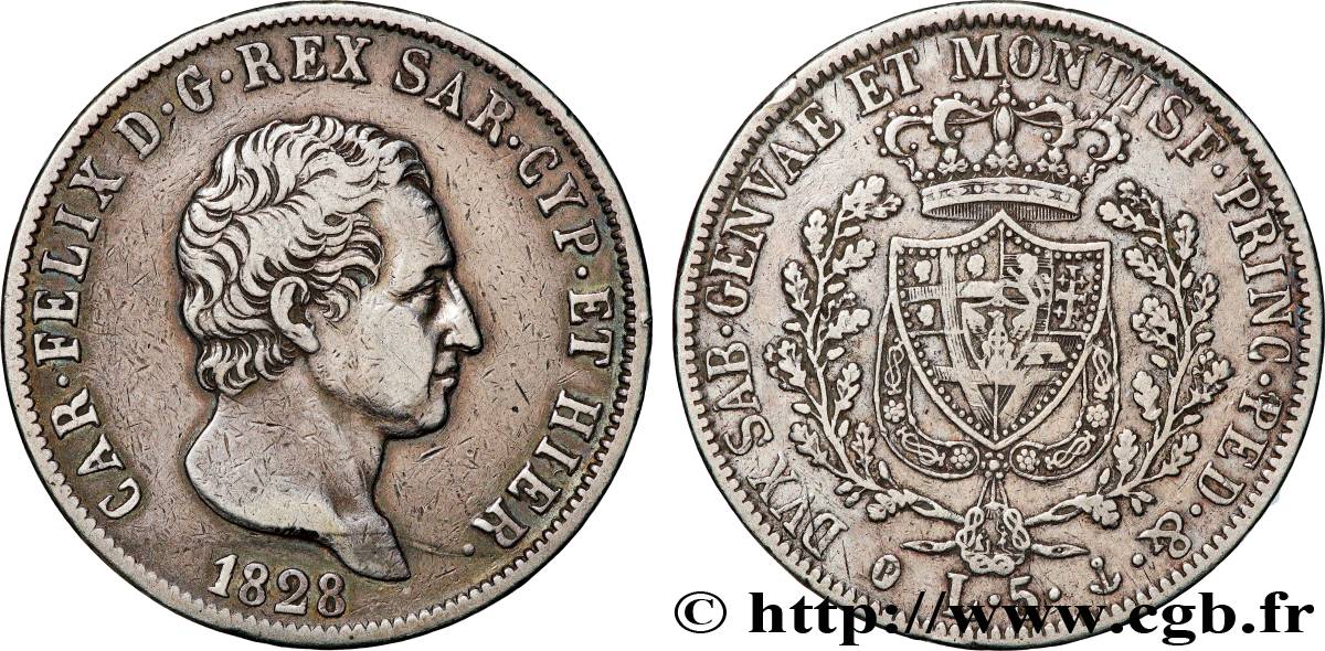 ITALY - KINGDOM OF SARDINIA - CHARLES-FELIX 5 Lire  1828 Gênes XF 