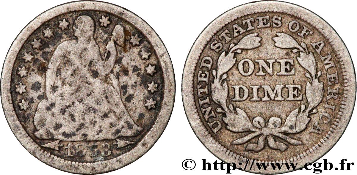 UNITED STATES OF AMERICA 1 Dime (10 Cents) Liberté assise variété avec date encadrée par des flèches 1853 Philadelphie VF 