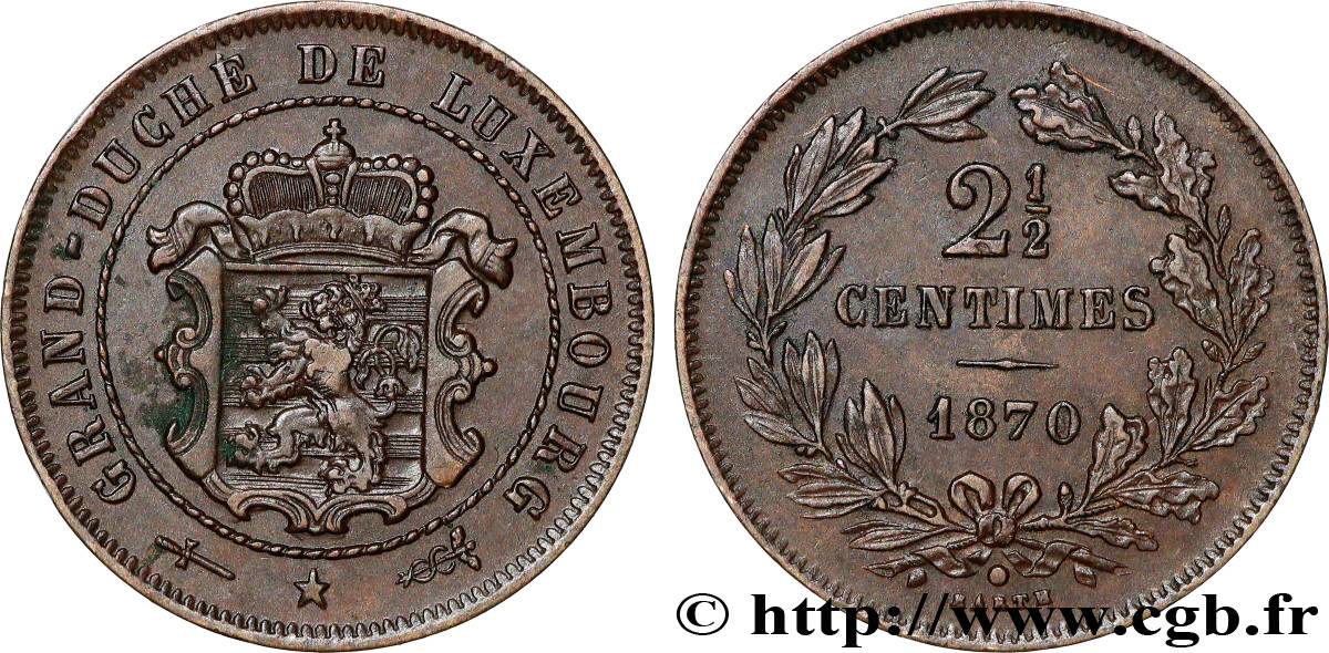 LUXEMBOURG 2 1/2 Centimes écu couronné 1870 Utrecht TTB 