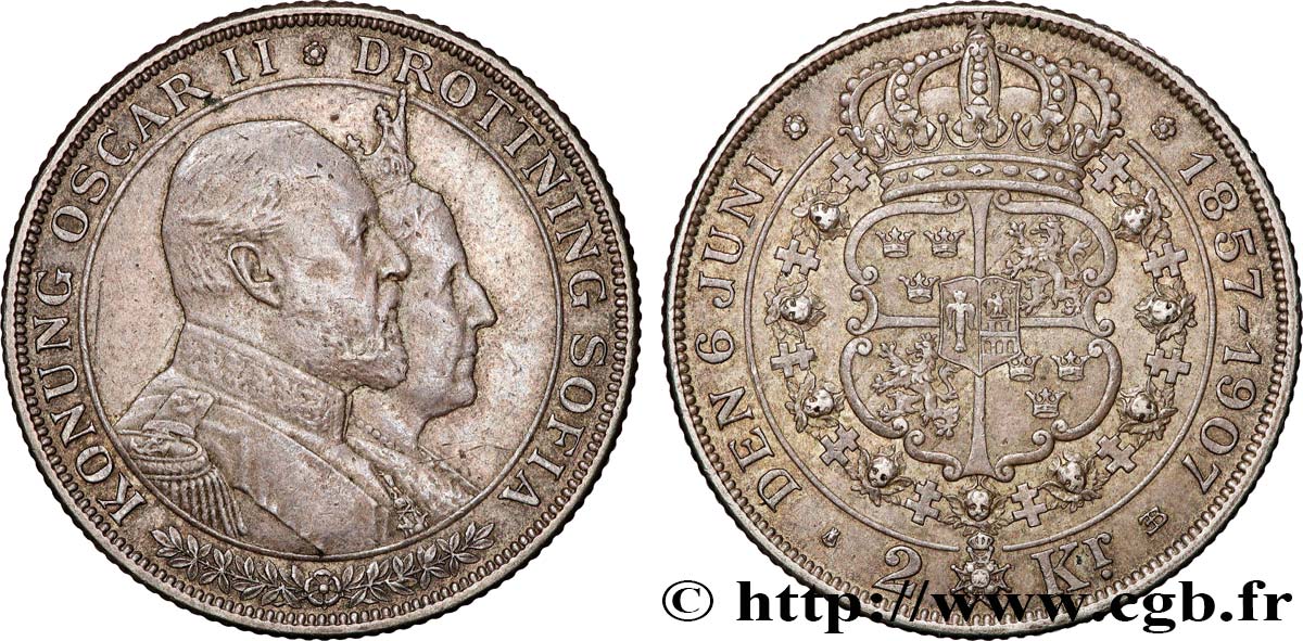 SWEDEN 2 Kronor noces d’or du roi Oscar II et de la reine Sophie de Nassau 1907  AU 