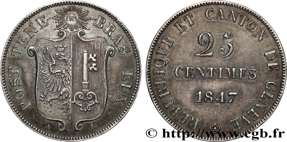 SCHWEIZ - REPUBLIK GENF Essai 25 Centimes en argent 1847  VZ 