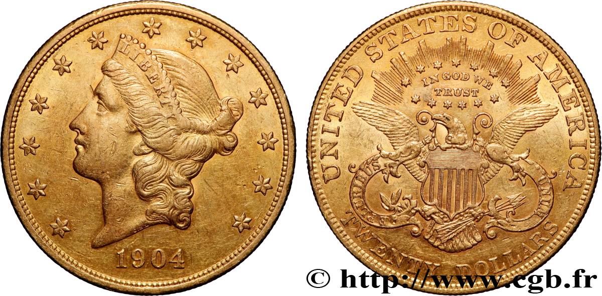 GOLD, PALLADIUM & PLATINUM INVESTMENT 20 Dollars  Liberty  1904 Philadelphie AU 