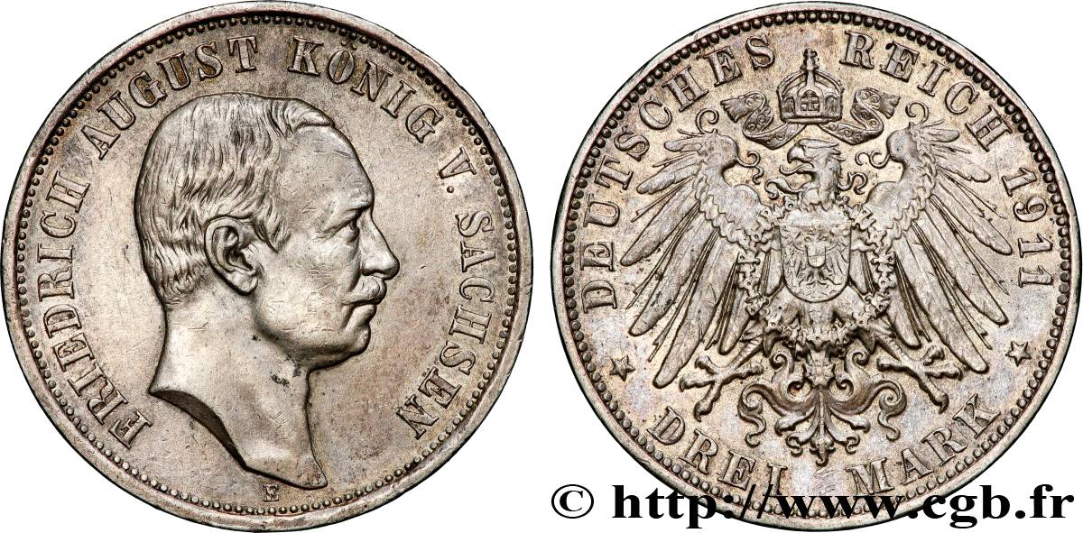 ALLEMAGNE - SAXE 3 Mark Frédéric-Auguste 1911 Dresde TTB+ 