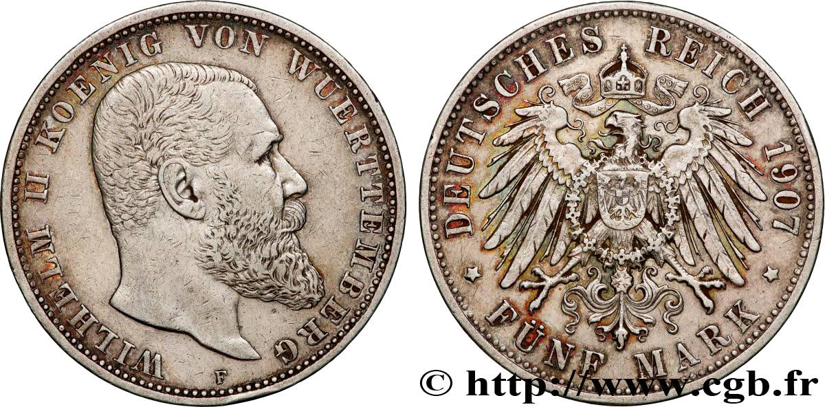 GERMANY - KINGDOM OF WÜRTTEMBERG - WILLIAM II 5 Mark  1907 Stuttgart AU 