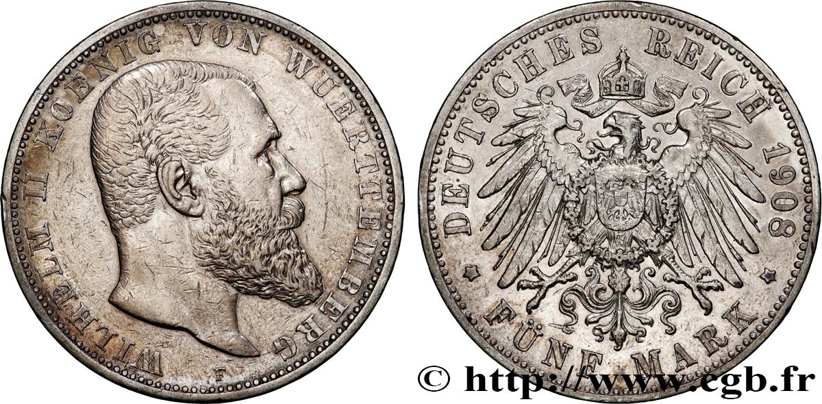 ALLEMAGNE - WURTEMBERG 5 Mark Guillaume II de Wurtemberg 1908 Stuttgart - F TTB+ 