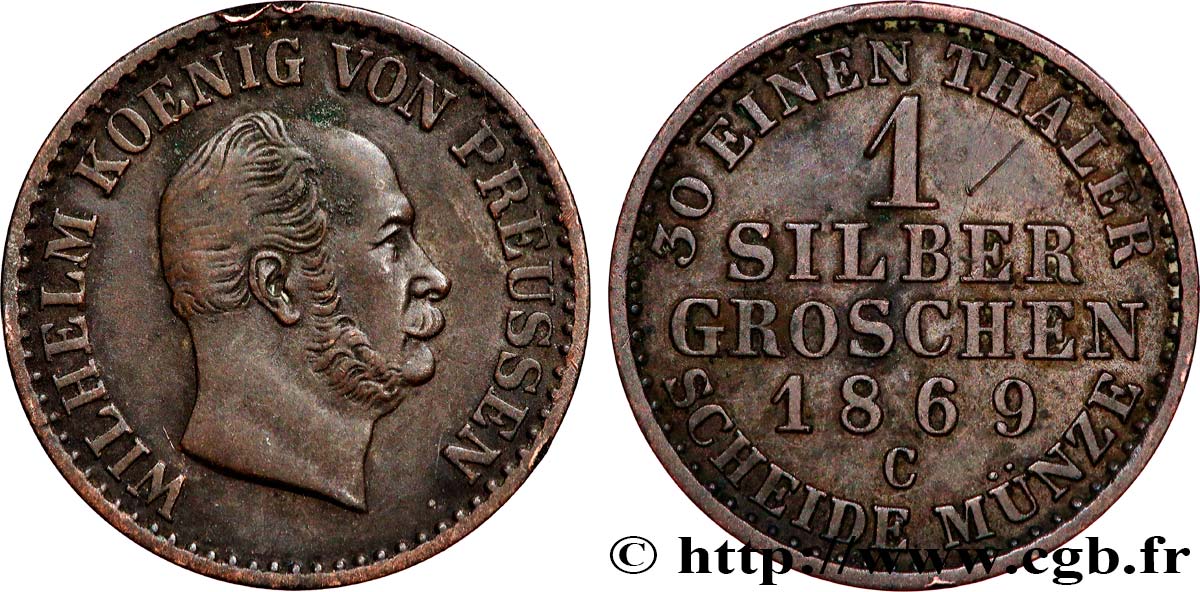 GERMANY - PRUSSIA 1 Silbergroschen (1/30 Thaler) Guillaume 1869 Francfort - C XF 