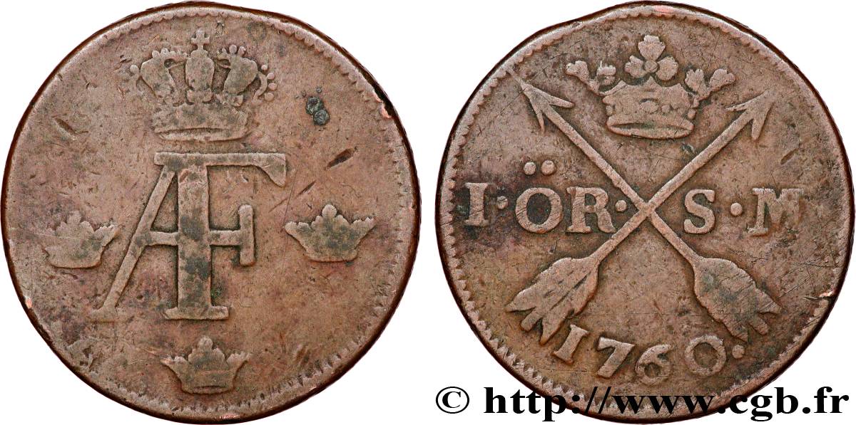 SWEDEN 1 Ore Adolphe Frédéric Ier 1760  VF 