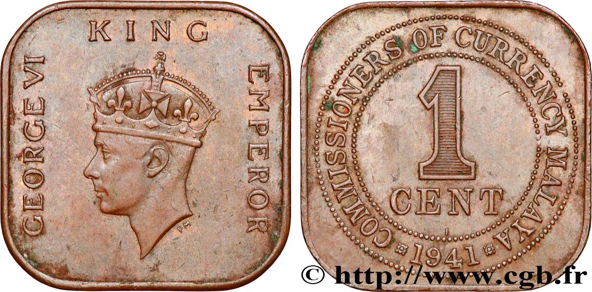 MALESIA 1 Cent Commission Monétaire de Malaisie Georges VI 1941 Calcutta BB 