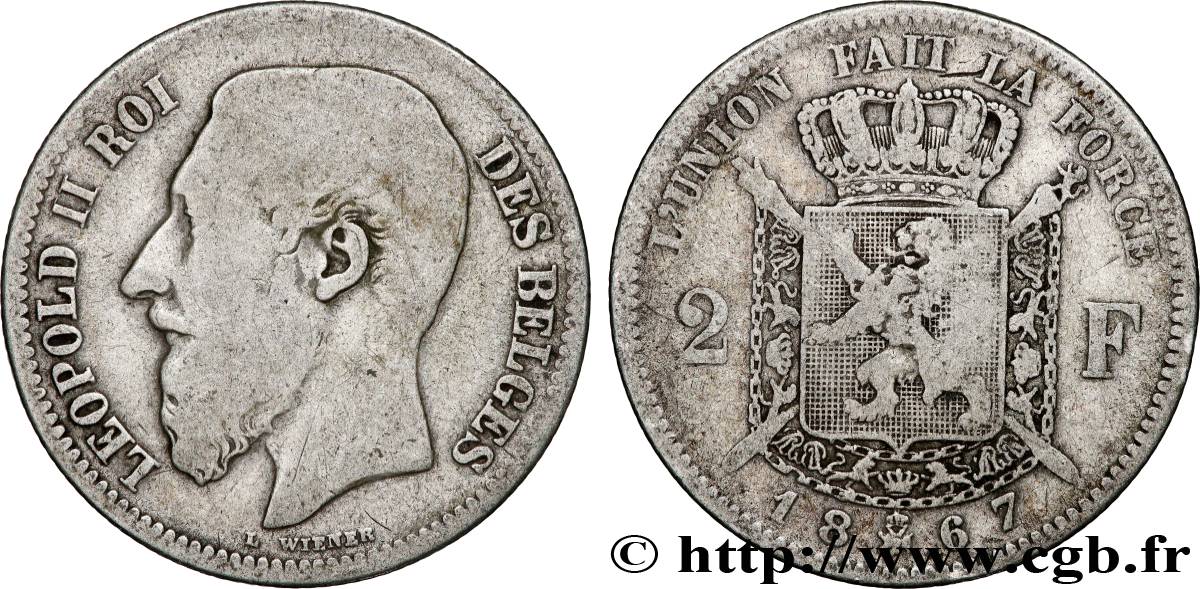 BELGIQUE 2 Francs Léopold II légende française 1867  TB 