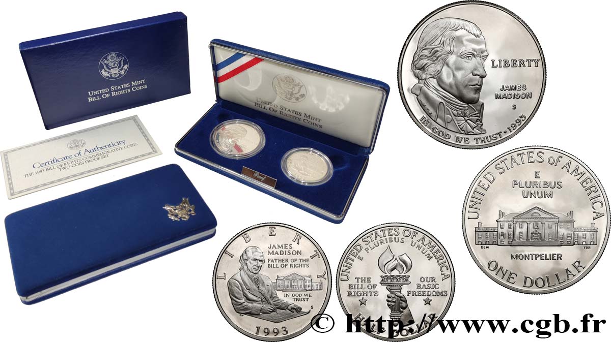 UNITED STATES OF AMERICA Coffret 1 Dollar + 1/2 Dollar James Madison Proof 1993 San Francisco MS 