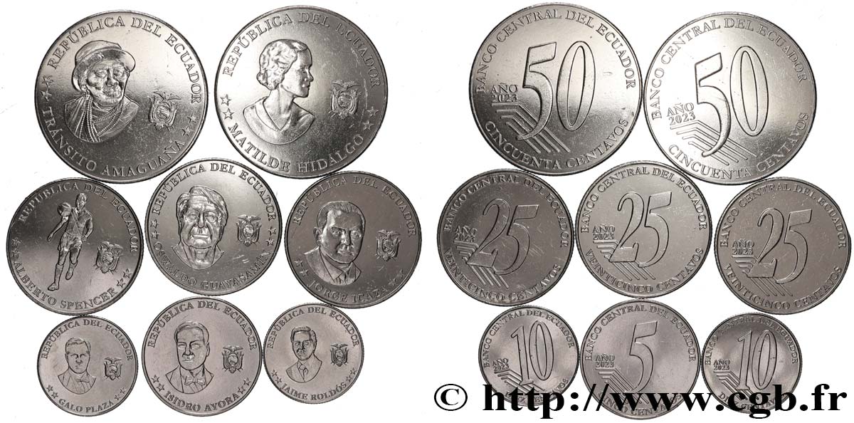 EKUADOR Lot de 8 monnaies 5, 10, 25 & 50 Centavos 2023 Llantrisant fST 