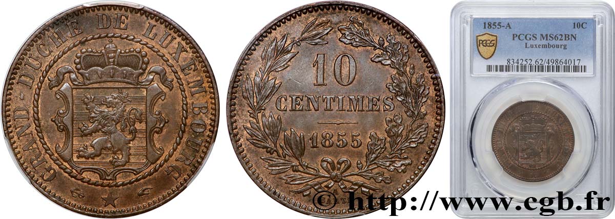 LUXEMBOURG 10 Centimes 1855 Paris - A SUP62 PCGS