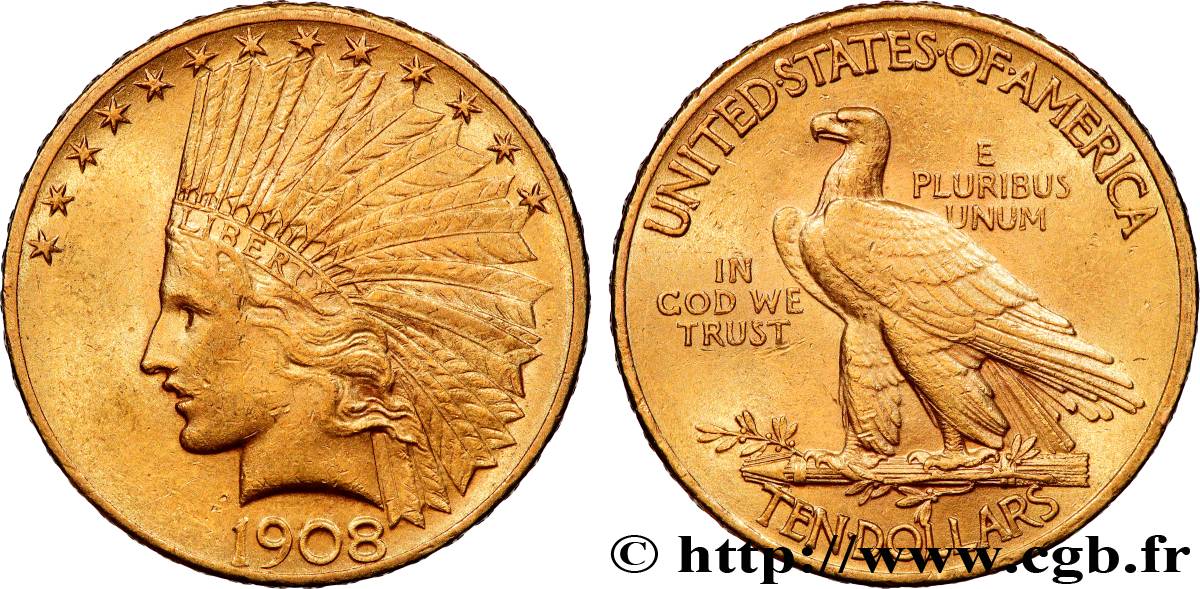 GOLD-, PALLADIUM- UND PLATIN-INVESTITIONEN 10 Dollars or  Indian Head , 2e type 1908 Philadelphie fVZ 