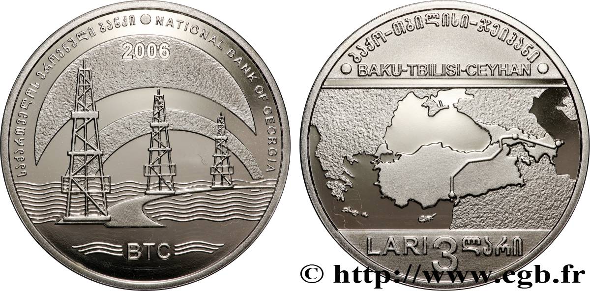 GEORGIA 3 Lari Proof oléoduc Bakou - Tbilissi - Ceyhan : carte / 3 puits de pétrole 2006 Mennica Polska MS 