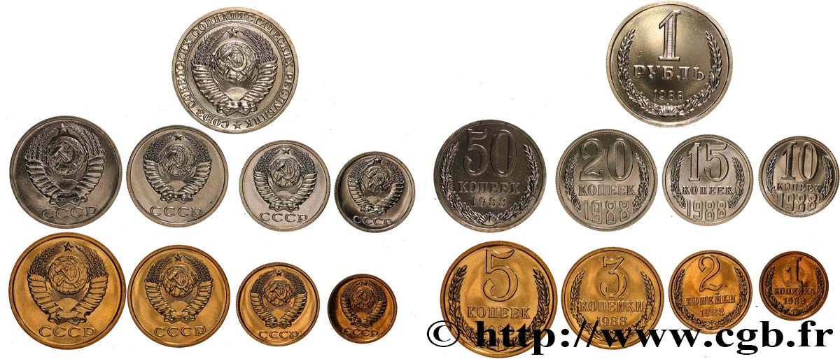 RUSSIA - USSR Lot 1, 2, 3, 5, 10, 15, 20 et 50 Kopecks + 1 Rouble URSS 1988  MS 