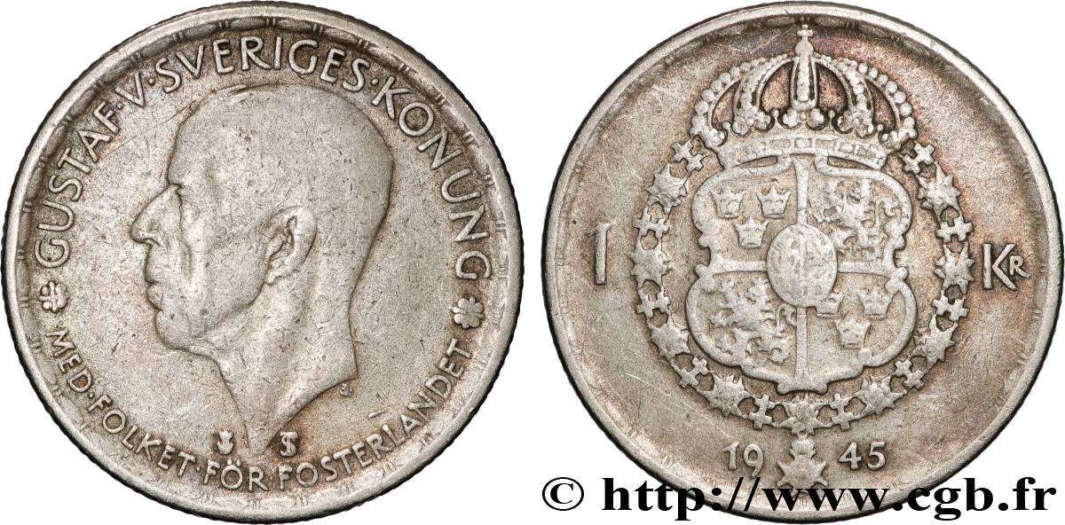 SUECIA 1 Krona Gustave V 1945  BC+ 