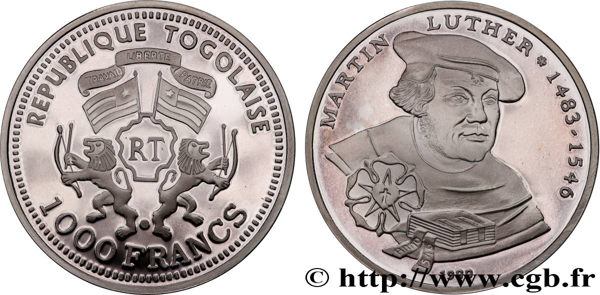 TOGO 1000 Francs Proof Martin Luther 1999  SPL 