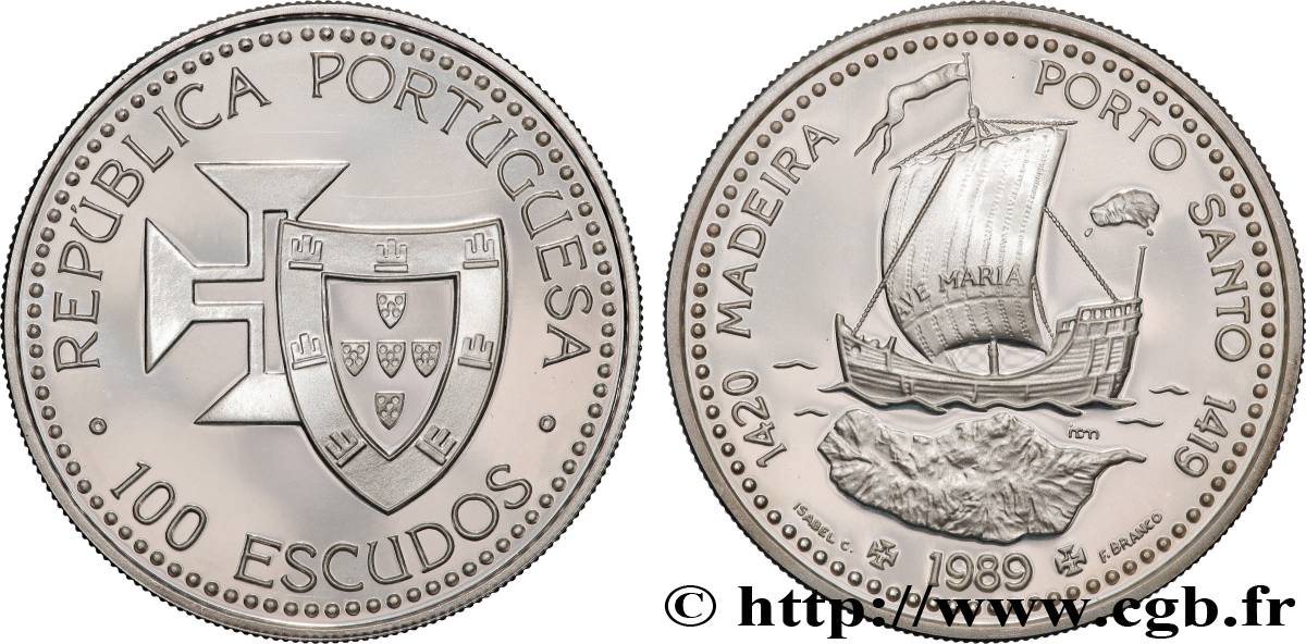 PORTUGAL 100 Escudos Découvertes Portugaises de Madère 1420 et Porto Santo 1419 1989  SPL 