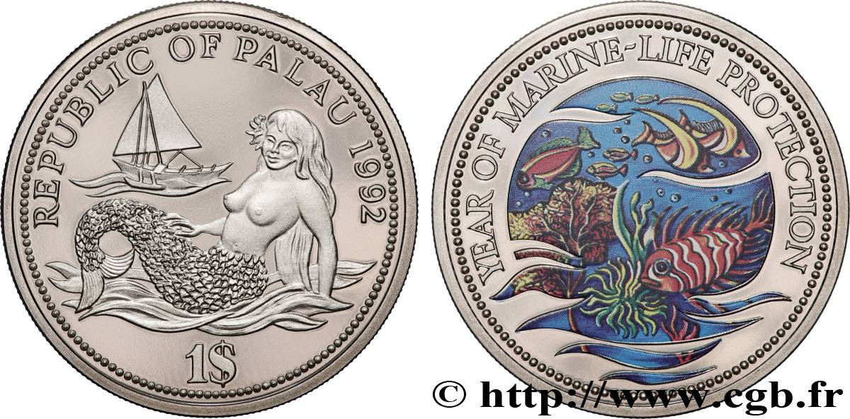 PALAU 1 Dollar Proof Sirène / Année de la protection de la vie marine 1992  SPL 