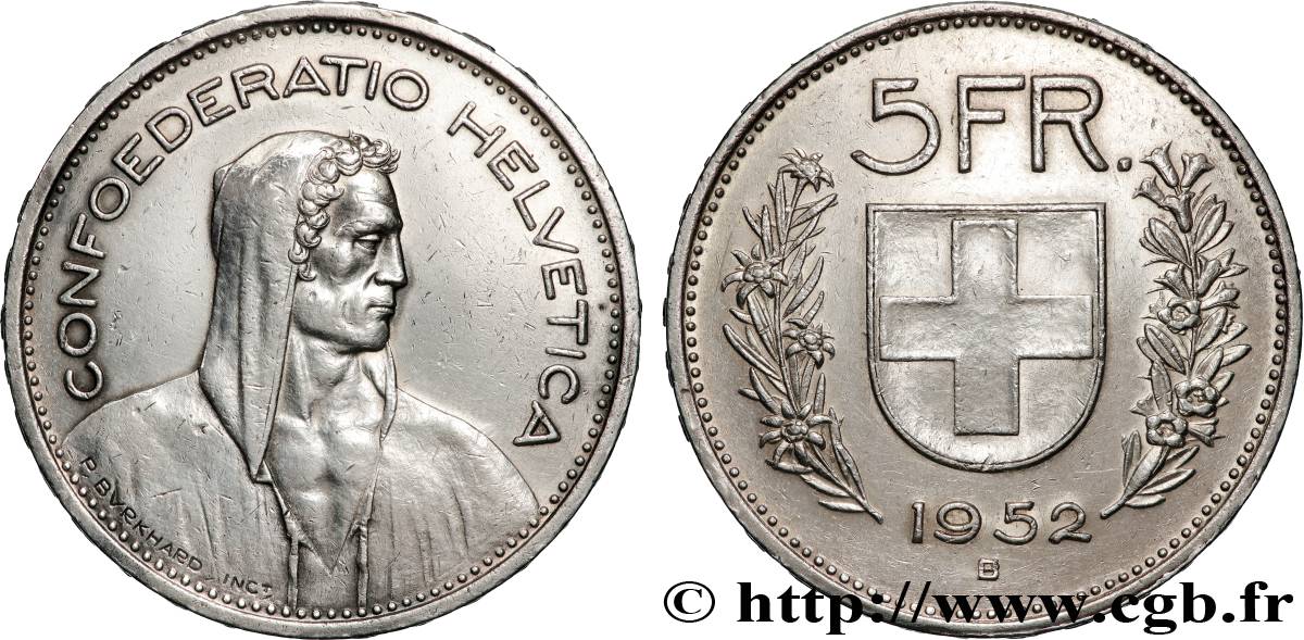 SUISSE 5 Francs Berger des alpes / bouclier suisse 1952 Berne - B TTB 