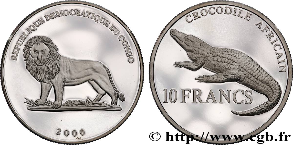 CONGO, DEMOCRATIC REPUBLIC 10 Francs Proof Crocodile africain 2000  MS 