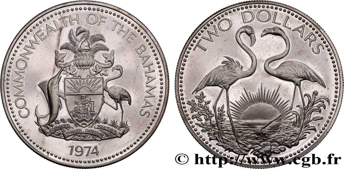 BAHAMAS 2 Dollars Proof flamands roses 1974  fST 