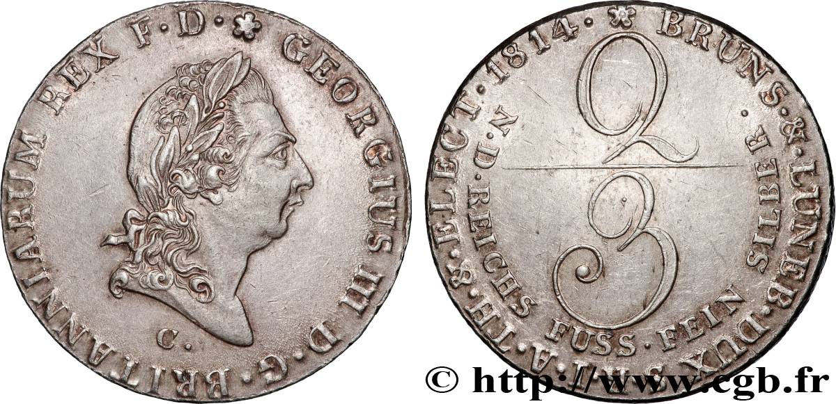 ALLEMAGNE - ROYAUME DE HANOVRE - GEORGES III D ANGLETERRE 2/3 Thaler  1814 Hanovre AU 