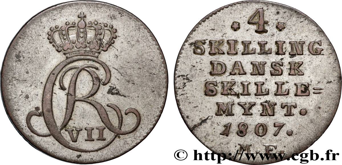 DENMARK 4 Skilling monogramme de Christian VII roi du Danemark 1807 Altona AU 