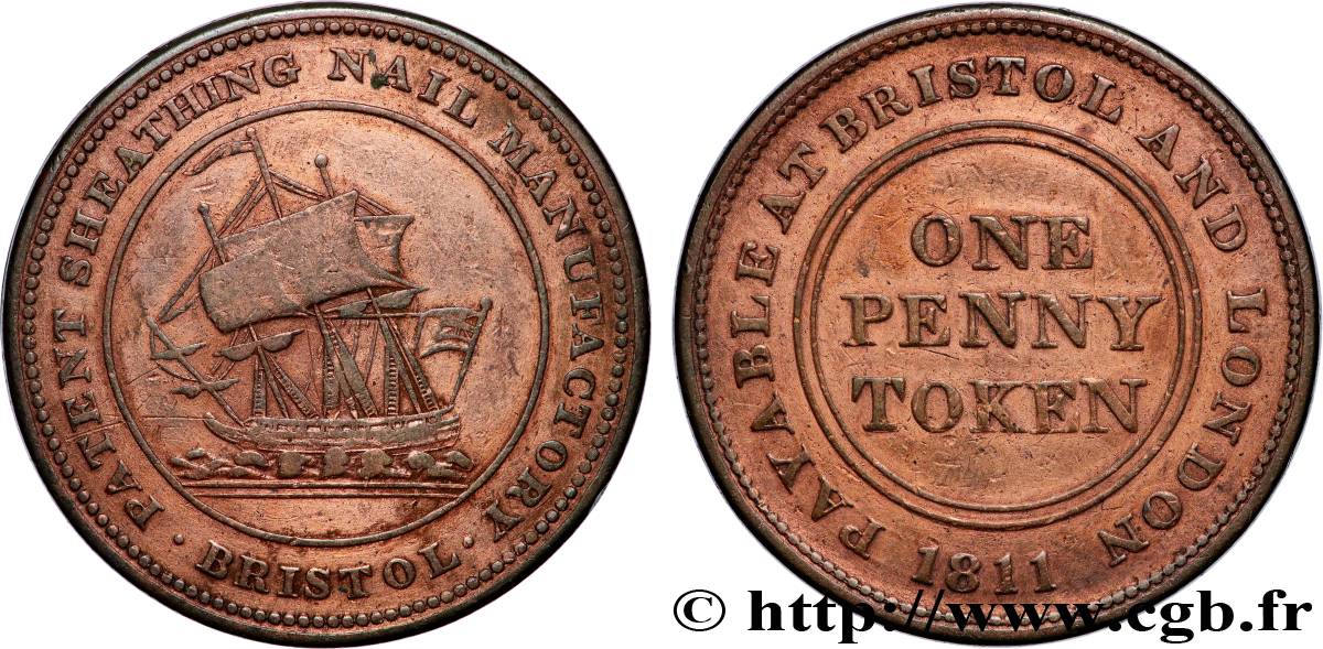 BRITISH TOKENS OR JETTONS 1 Penny Bristol (Somerset) Sheathing Nail Manufactury (fabrique de clous) 1811  AU 