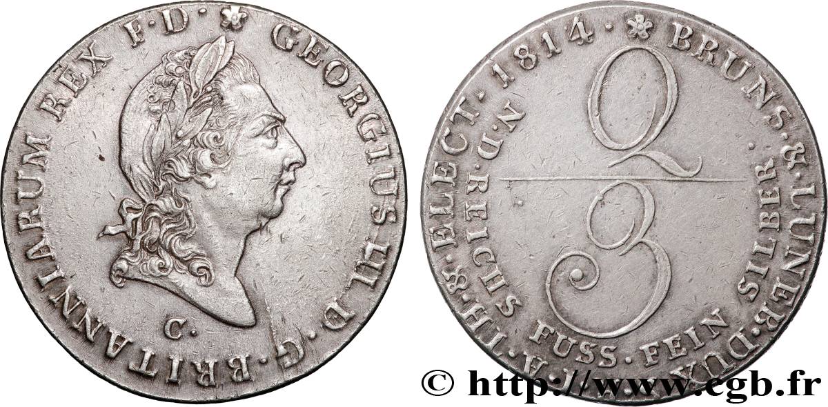 ALLEMAGNE - ROYAUME DE HANOVRE - GEORGES III D ANGLETERRE 2/3 Thaler  1814 Hanovre TTB+ 