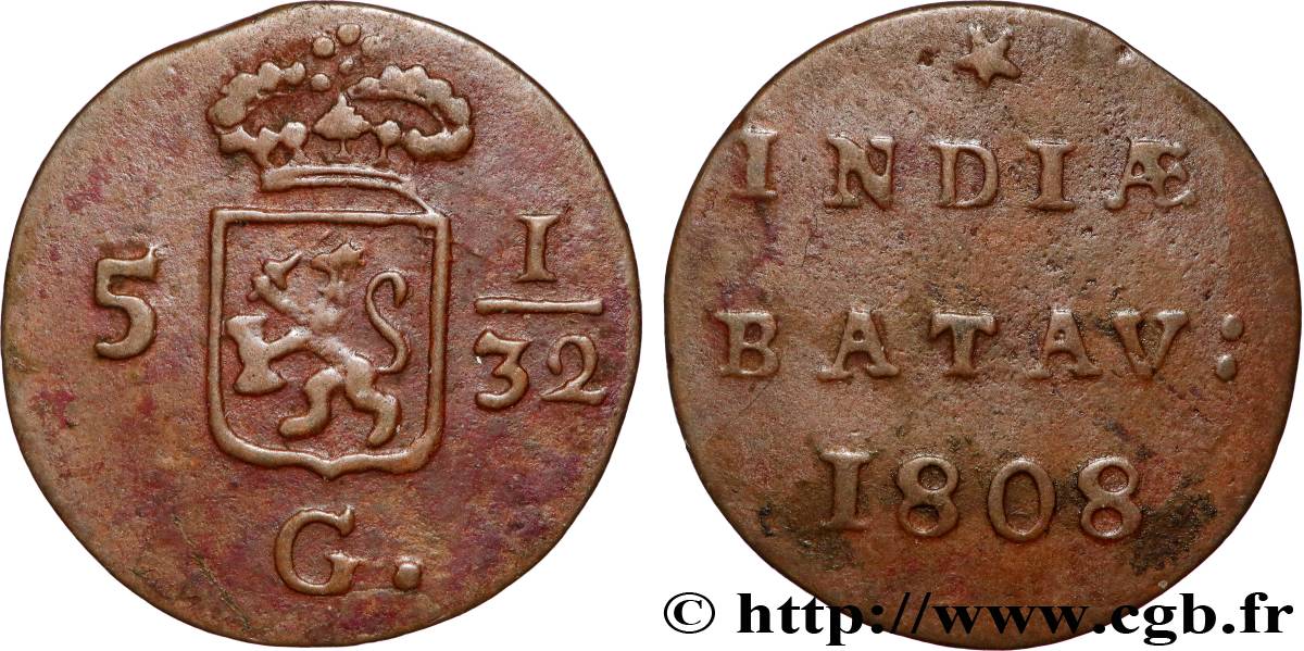 NIEDERLÄNDISCH-INDIEN 5 1/32 Gulden (1/2 Duit) écu couronné des Pays-Bas 1808 Enkhuizen SS 