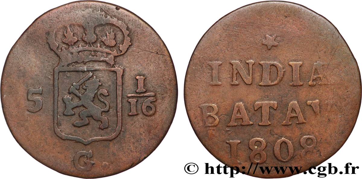 NETHERLANDS INDIES 5 1/16 Gulden (1 Duit) 1808 Enkhuizen VF 