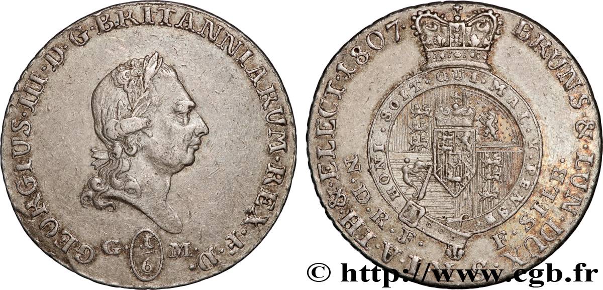 GERMANY - DUCHY OF BRUNSWICK AND LUNENBURG - GEORGE III OF GREAT BRITAIN 1/6 Thaler 1807  AU 